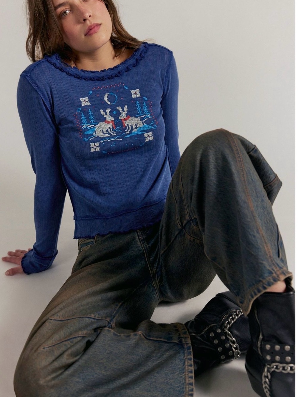 We The Free Navy Blue Long Sleeve Graphic Thermal Top